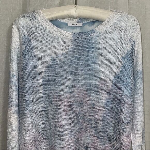 SIONI L White Blue Pink Cloud Floral Reverse Knit Sweater Blouse Pullover - Picture 3 of 11